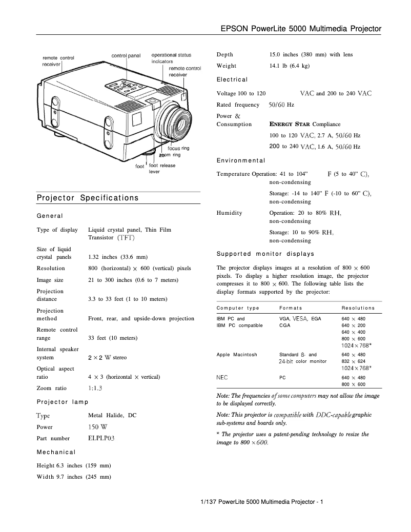Imagen de la primera página del manual del dispositivo PowerLite 5000