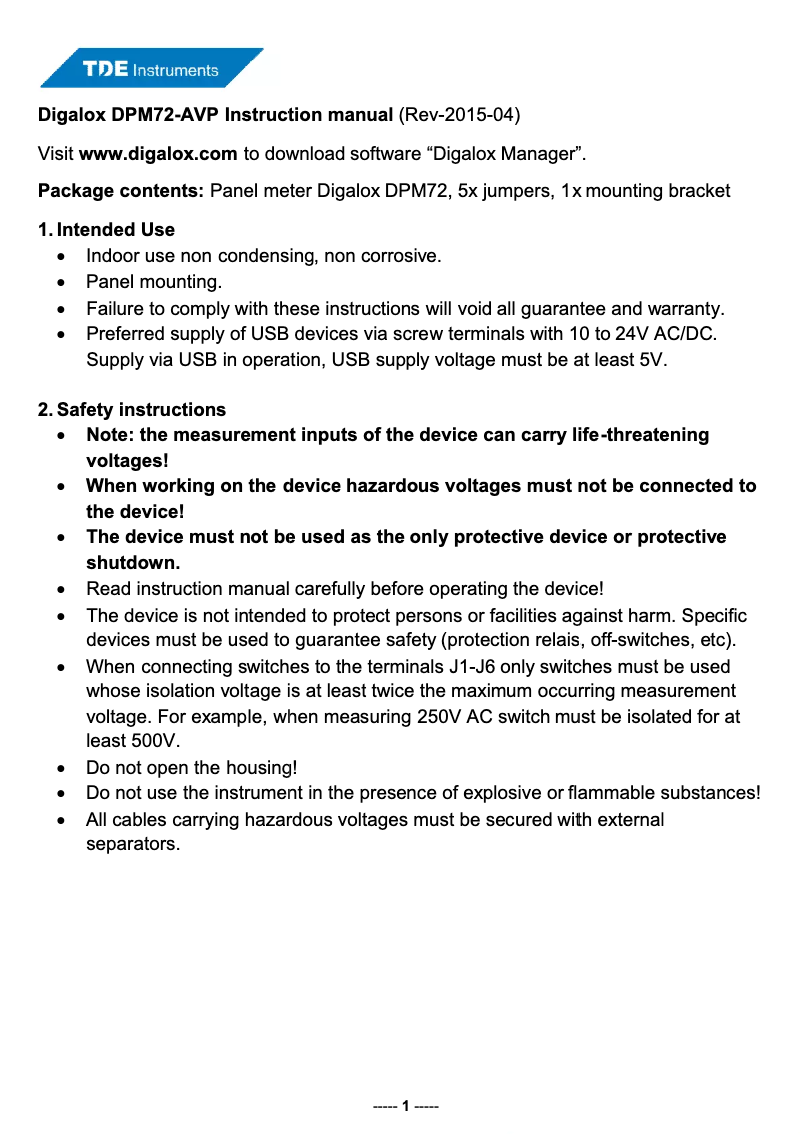Page 1 de la notice Manuel utilisateur TDE Instruments Digalox DPM72-AVP