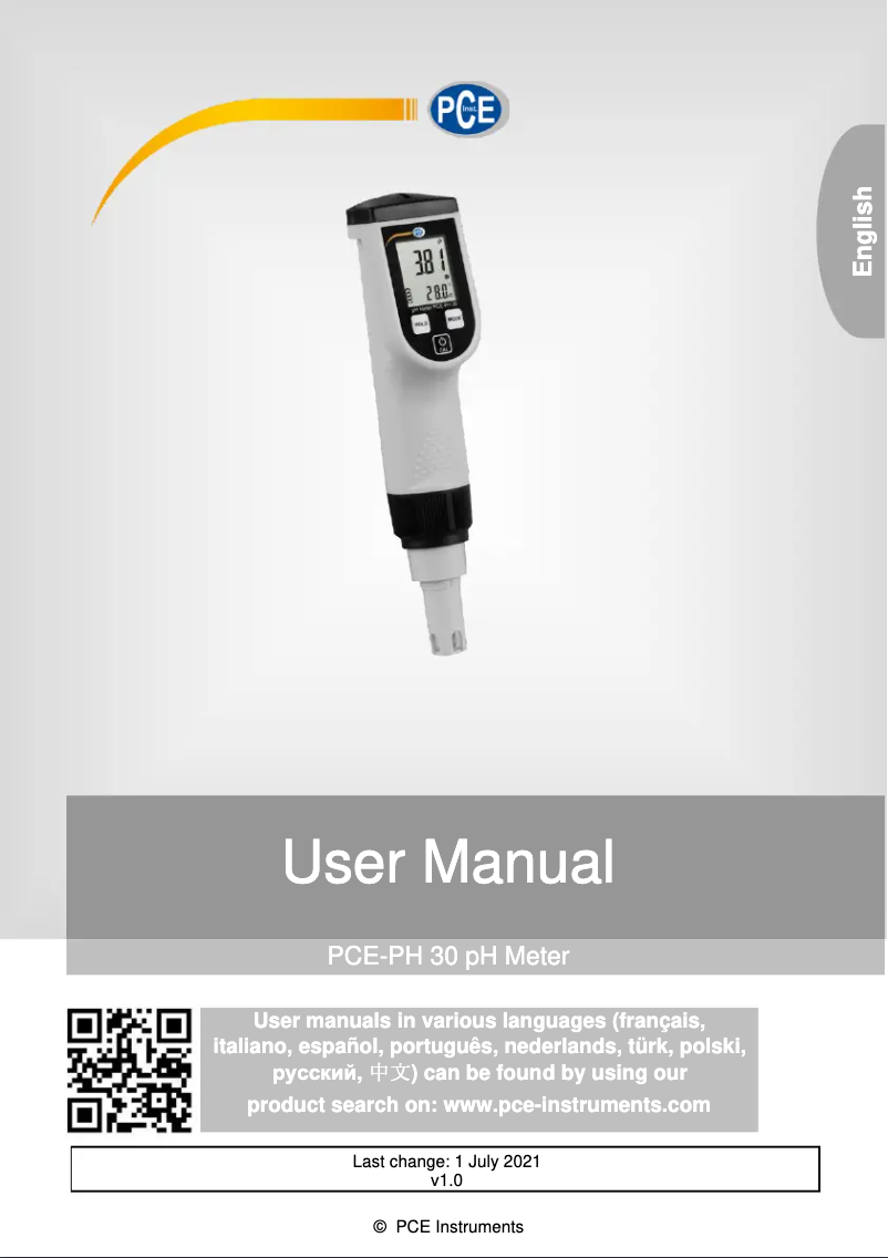 Page 1 of the manual User Manual PCE Instruments PCE-PH 30