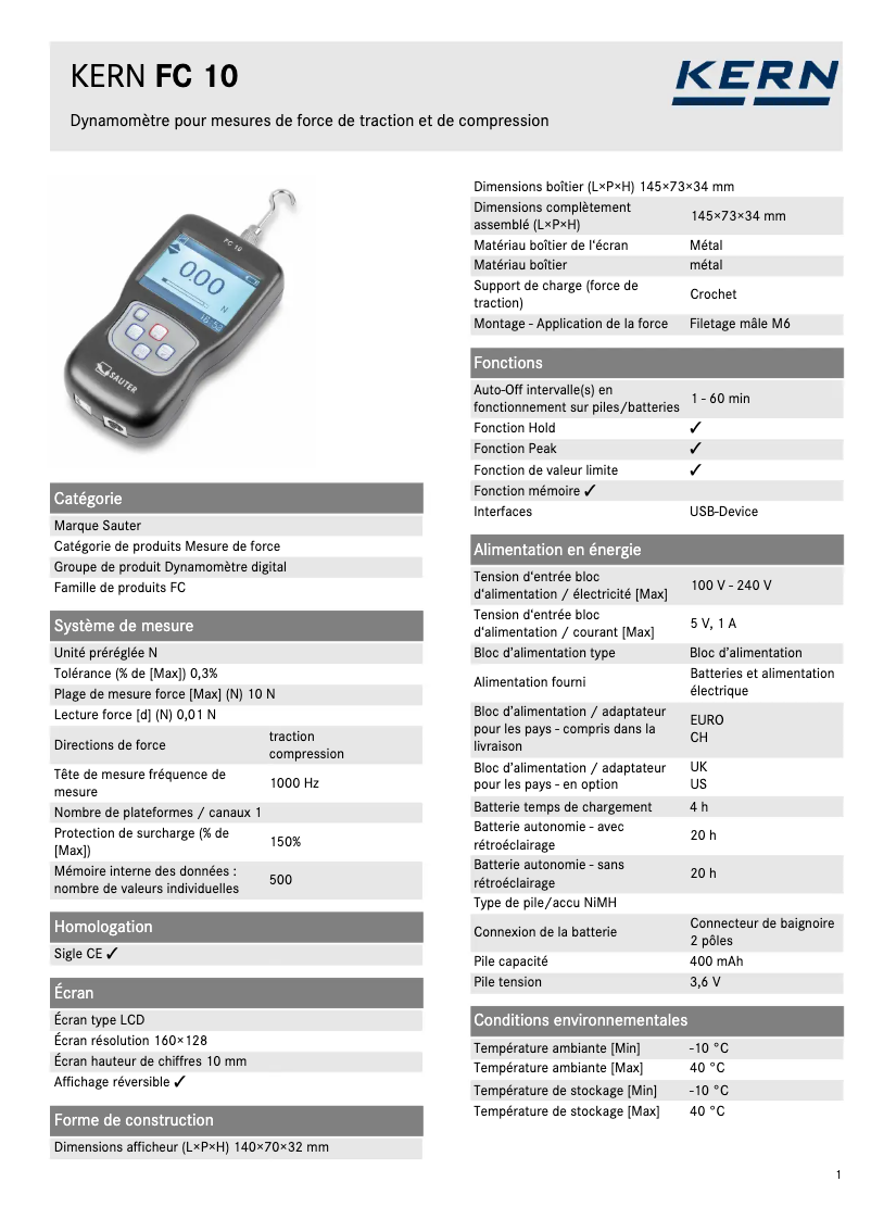 Page 1 de la notice Fiche technique Kern FC 10