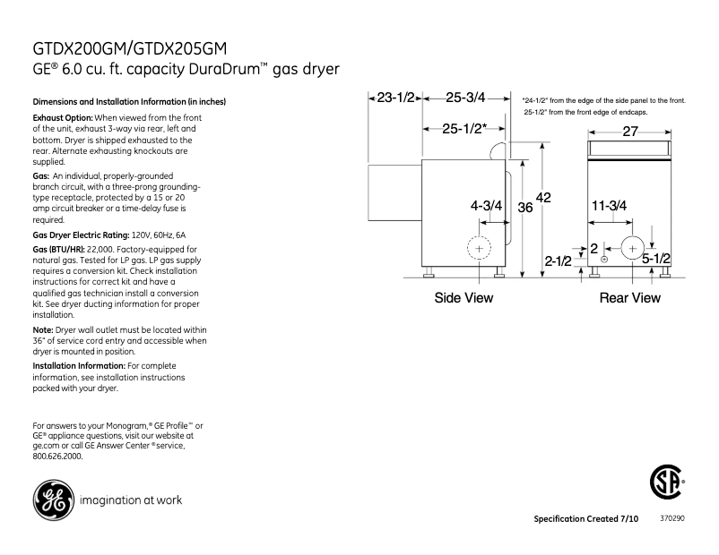Page 1 de la notice Fiche technique GE GTDX200GMWW