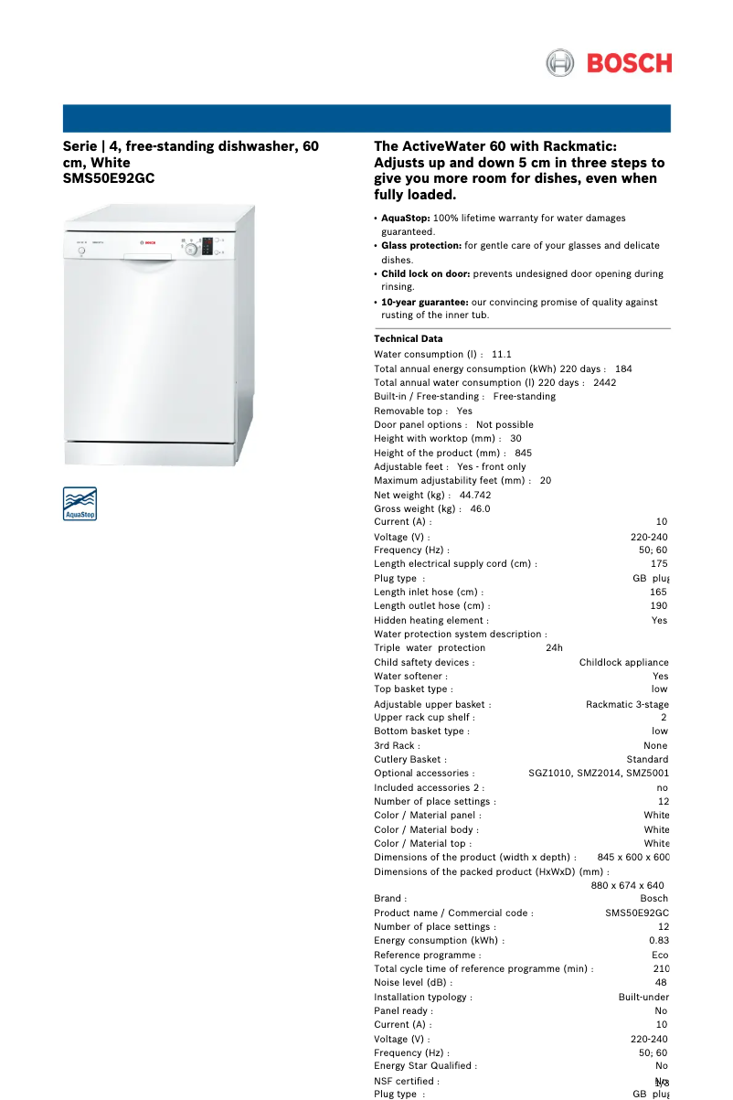 Image de la première page du manuel de l'appareil SMS50E92GC