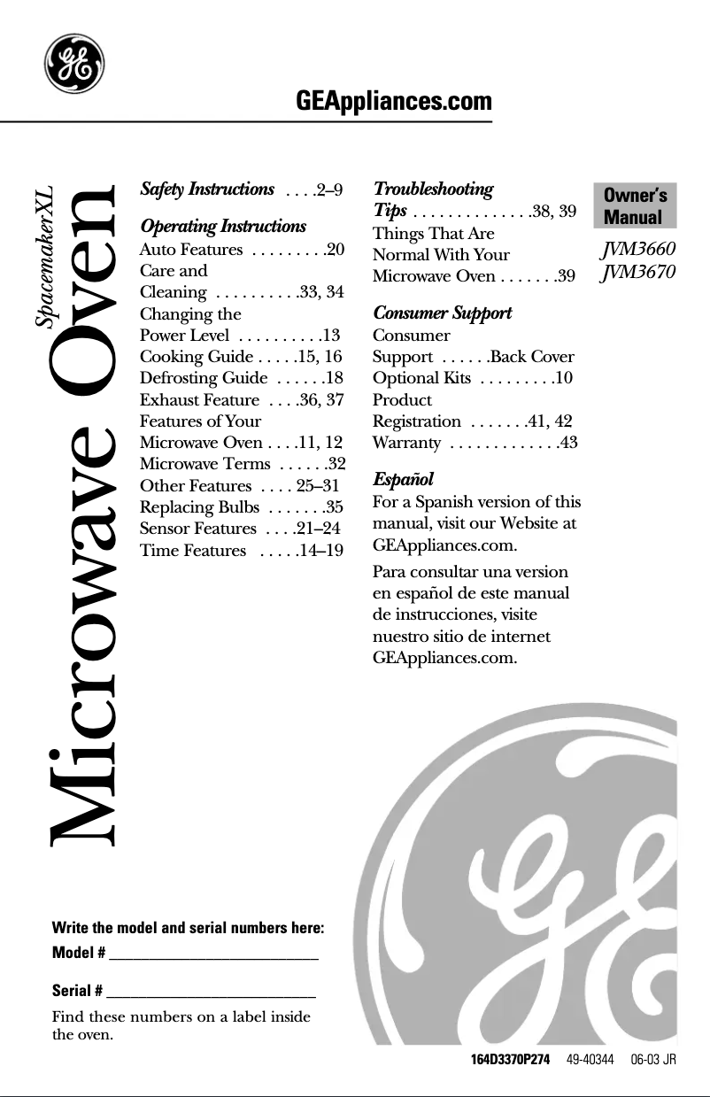 Page n°1 - Manuel d'utilisation et d'entretien GE Profile JVM3660BF