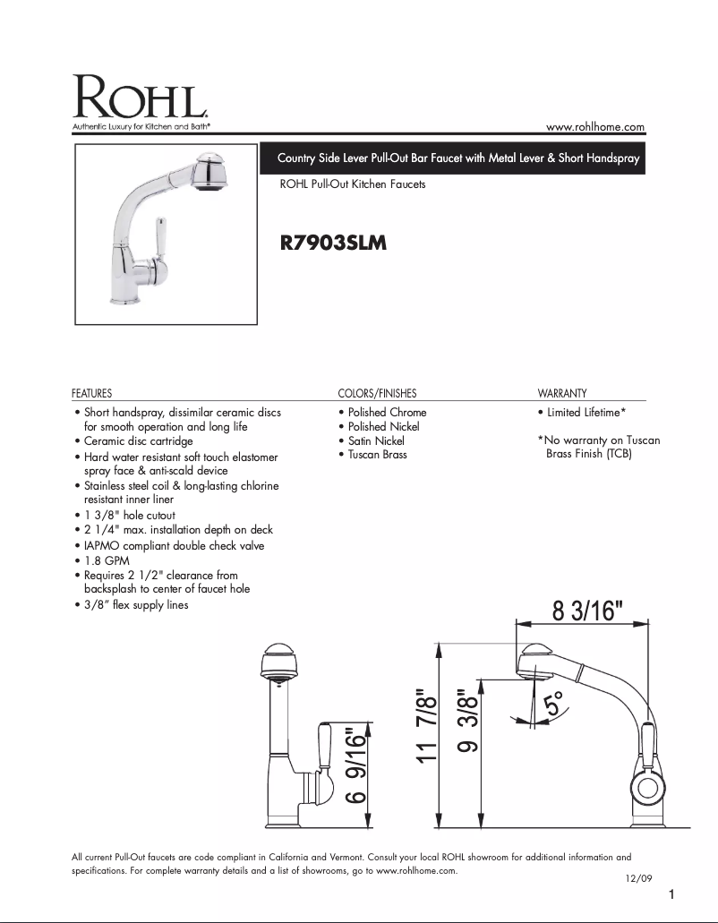 Page n°1 - Fiche technique Rohl R7903SLM
