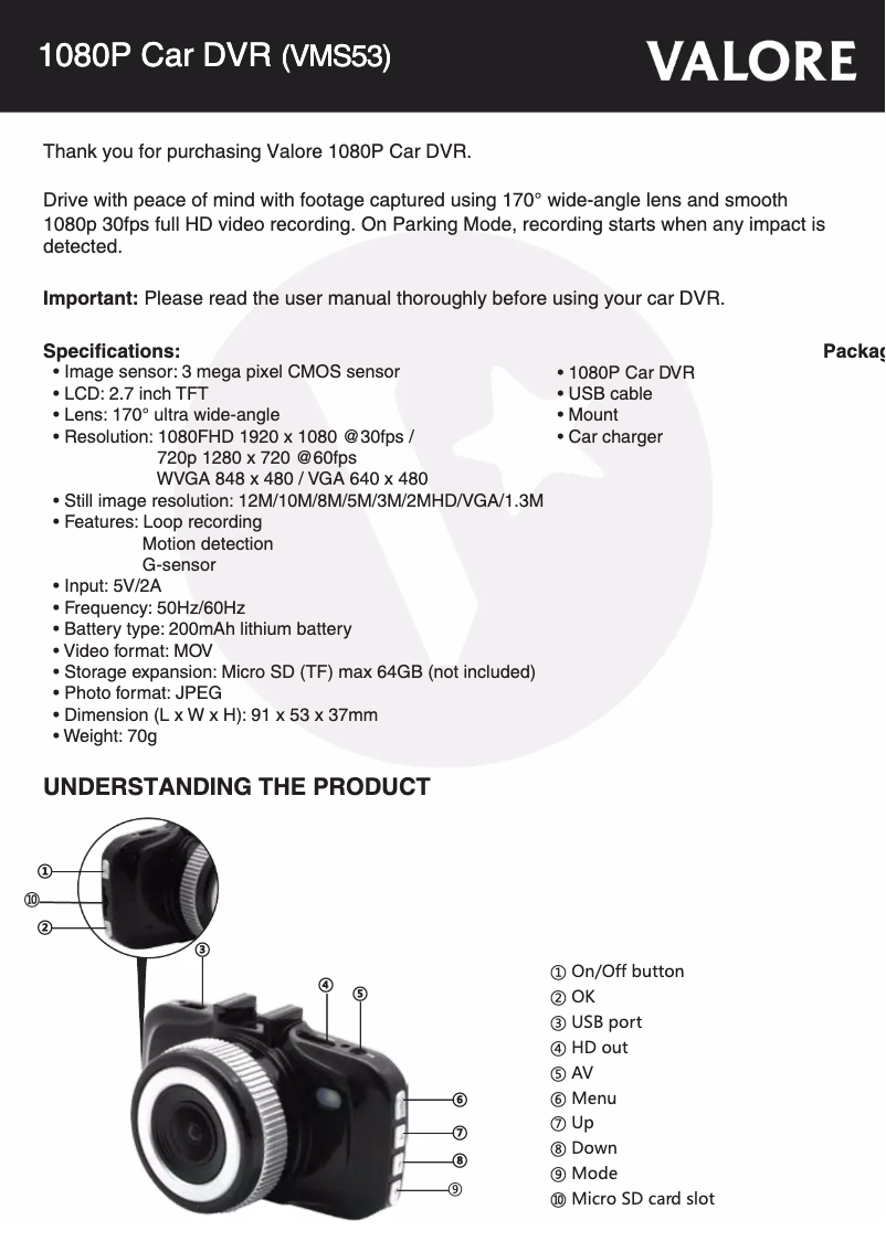 Page 1 de la notice Manuel utilisateur Valore VMS53