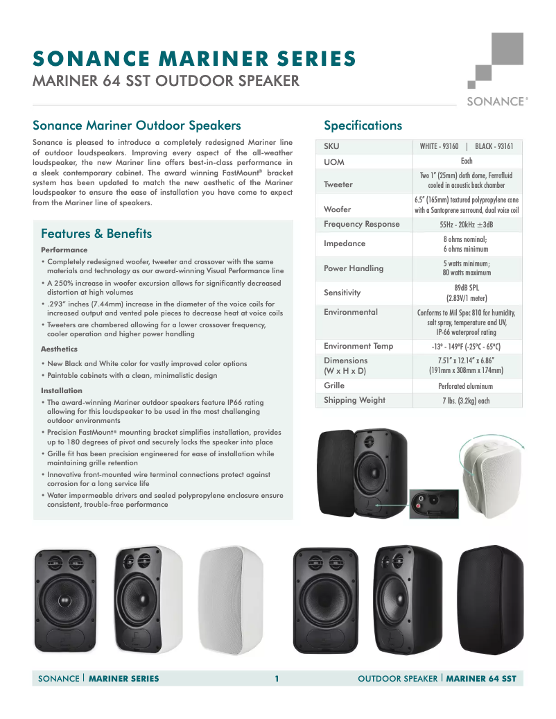 Page 1 de la notice Fiche technique Sonance Mariner 64 SST