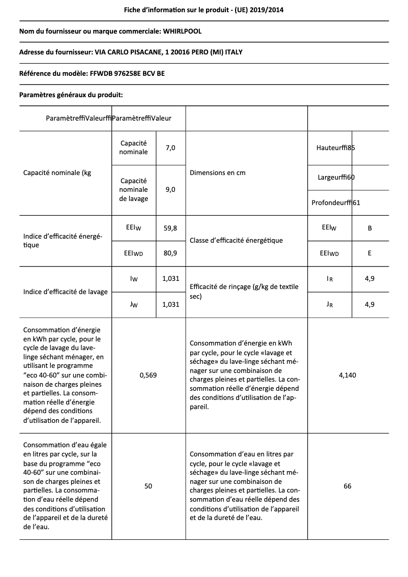 Page 1 de la notice Fiche technique Whirlpool FFWDB 976258E BCV
