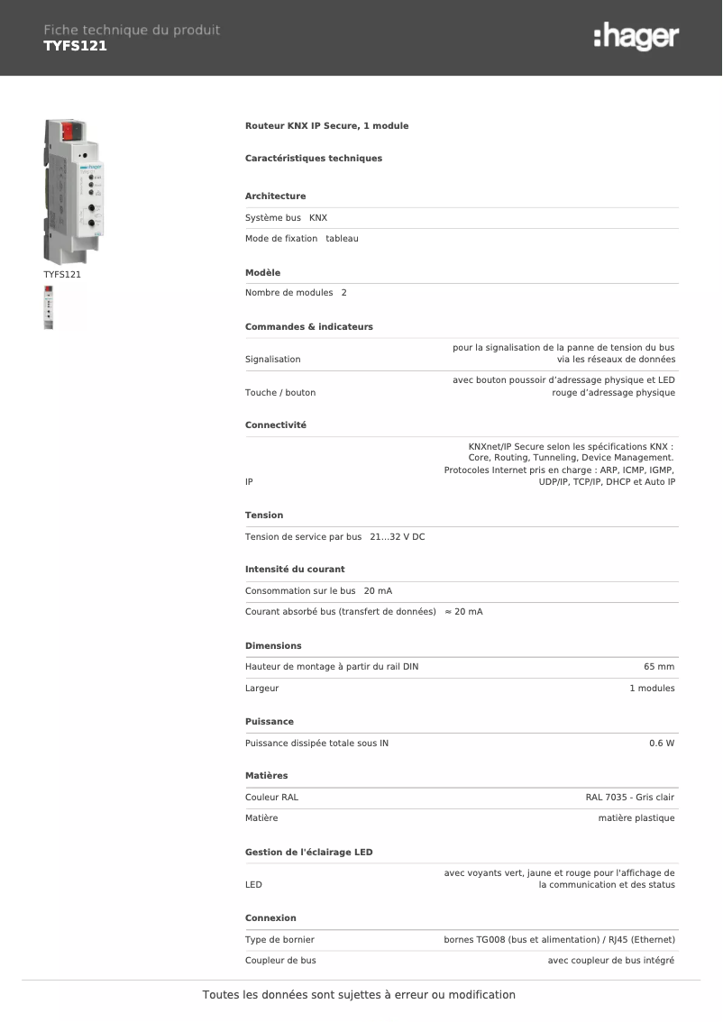 Page n°1 - Fiche technique Hager TYFS121