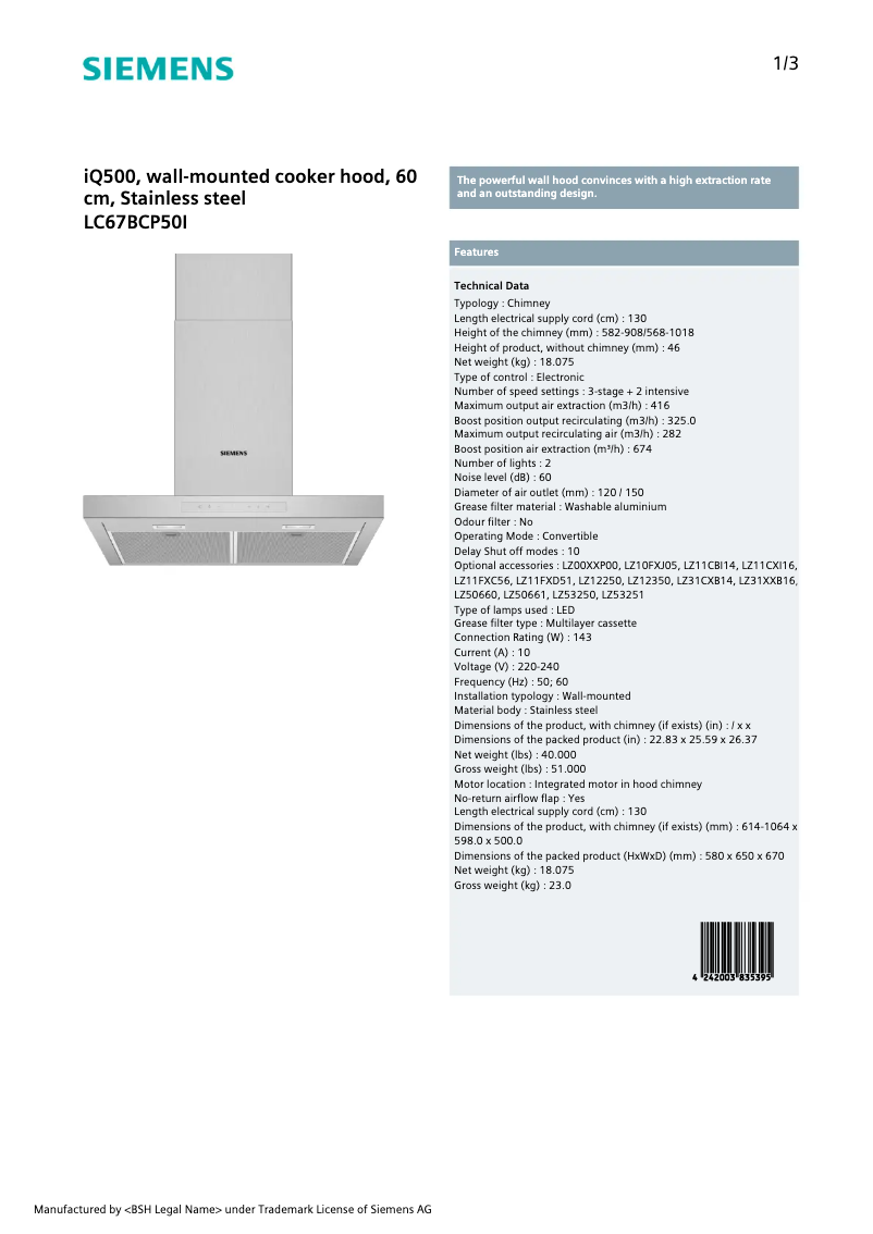 Page 1 of the manual Technical Sheet Siemens LC67BCP50I