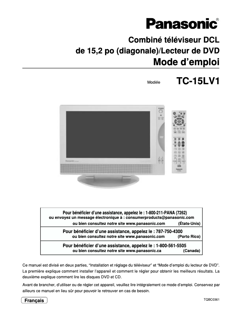 Page 1 de la notice Manuel utilisateur Panasonic TC-15LV1