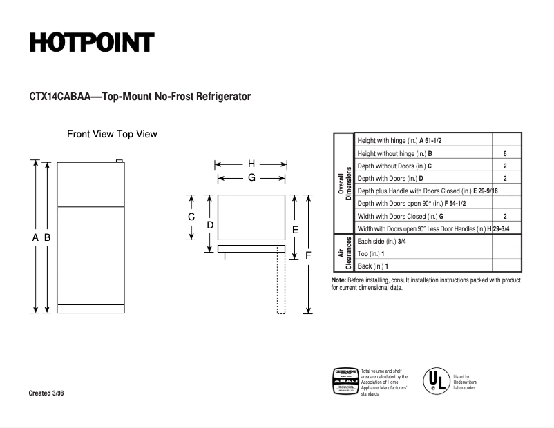 Page n°1 - Fiche technique Hotpoint CTX14CABLAA
