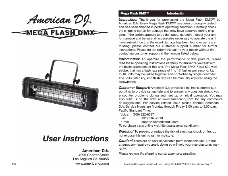 Page n°1 - Manuel utilisateur American DJ Mega Flash DMX