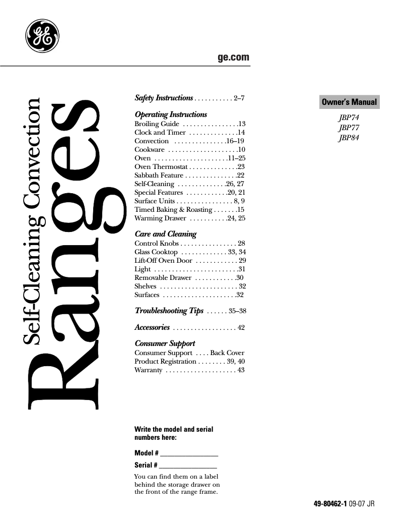 First page image of the manual for JBP84THWW