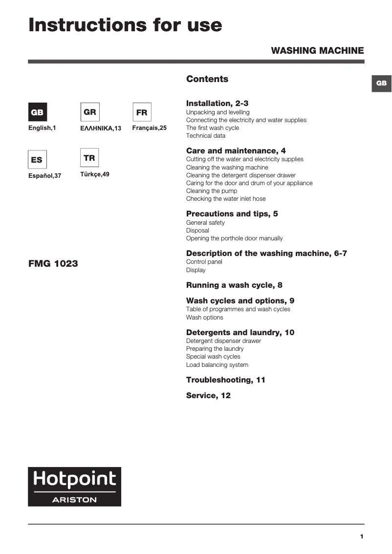 Page 1 de la notice Manuel utilisateur Hotpoint Ariston FMG 1023B EU