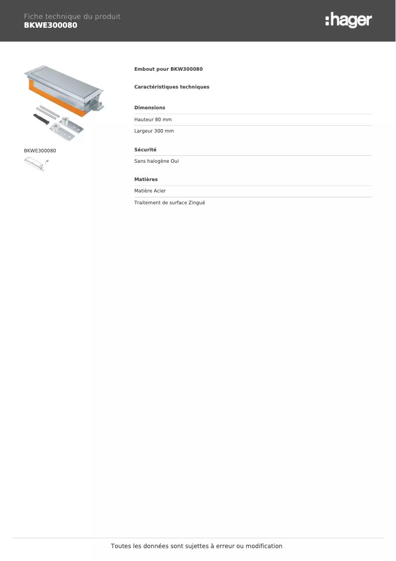 Page n°1 - Fiche technique Hager BKWE300080