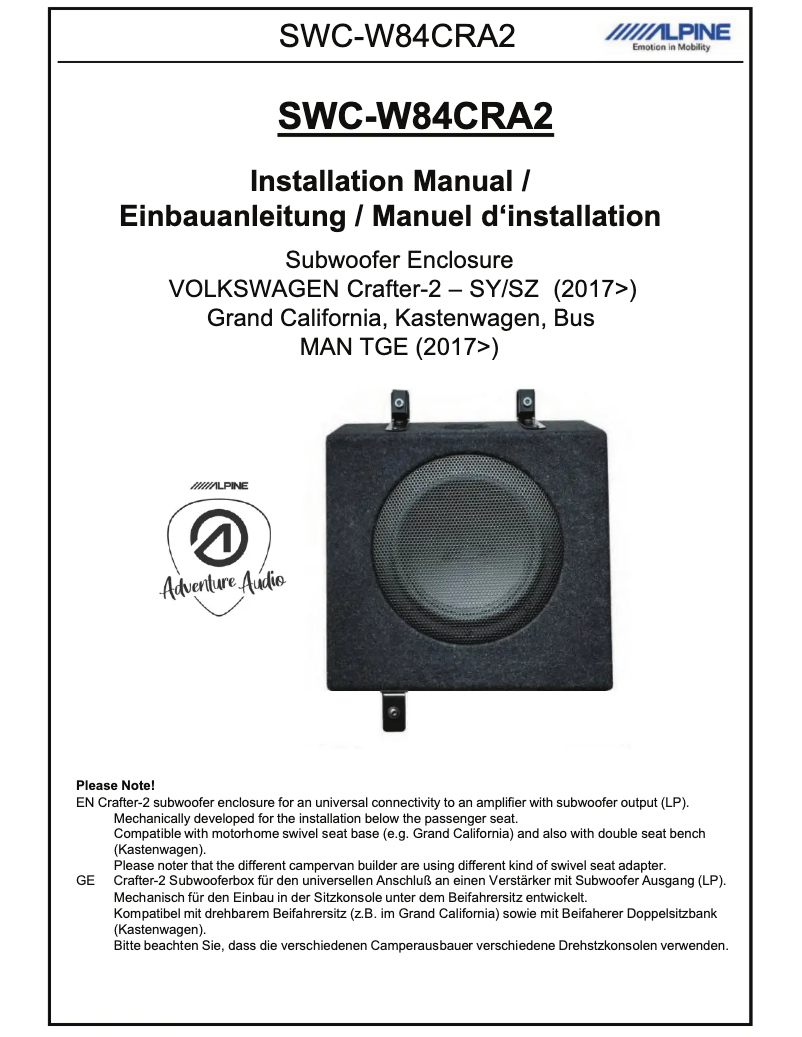 Page 1 de la notice Manuel utilisateur Alpine SWC-W84CRA2