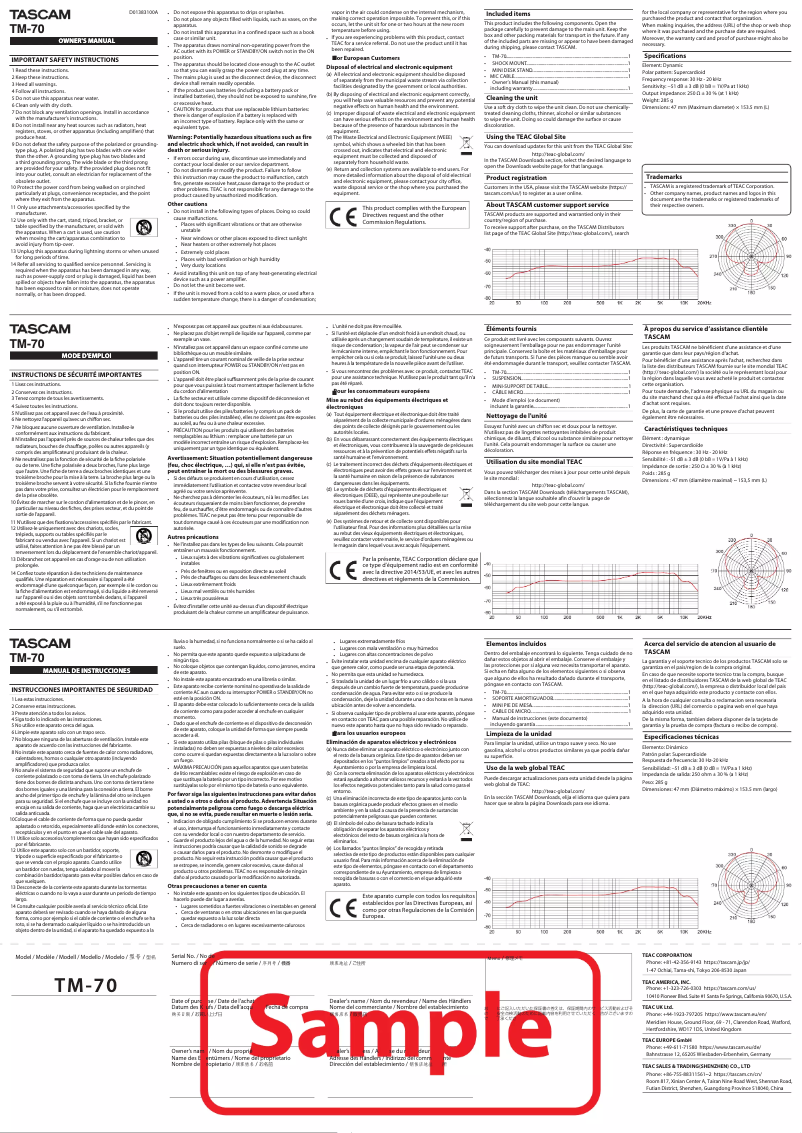 Page n°1 - Manuel utilisateur Tascam TM-70