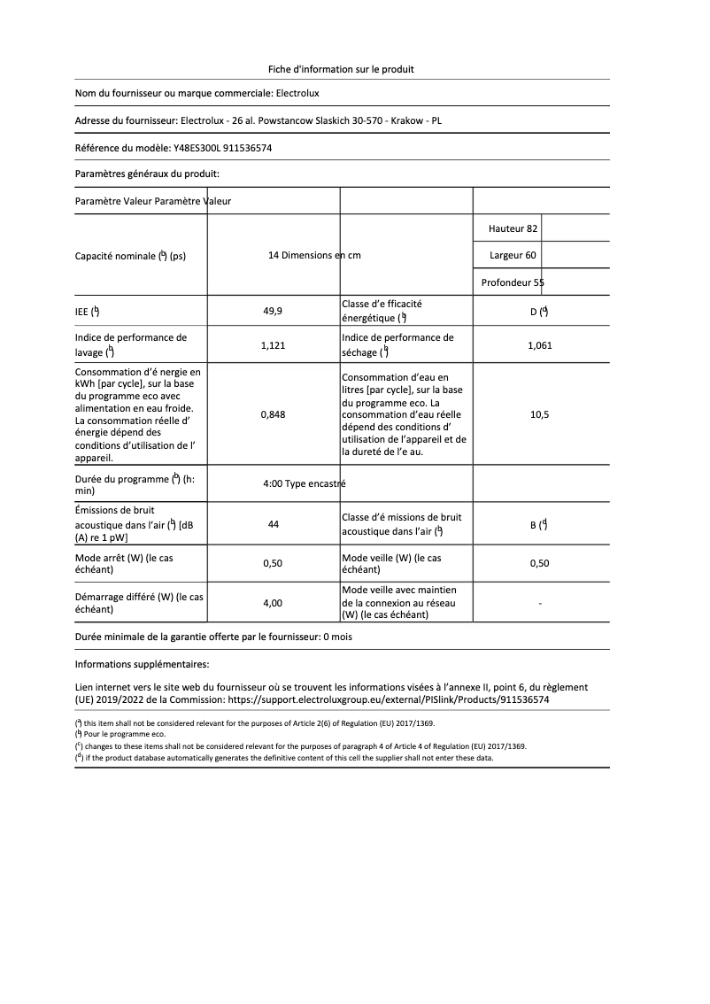 Page n°1 - Fiche technique Electrolux Y48ES300L