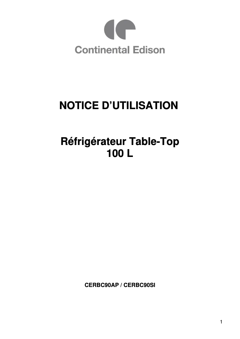 Page n°1 - Manuel utilisateur Continental Edison CERBC90AP