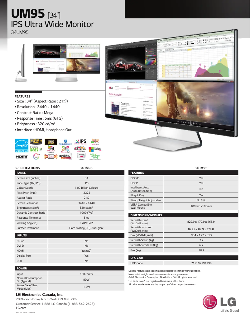 Página 1 del manual Ficha técnica LG 34UM95