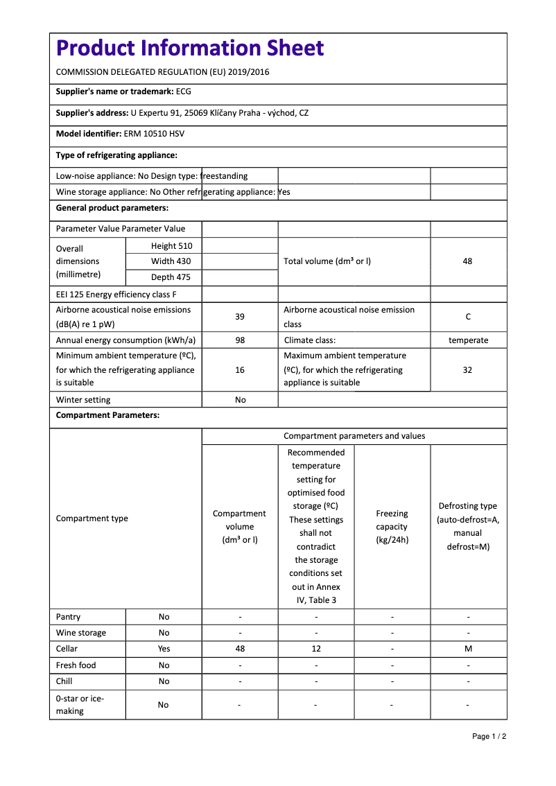 Page 1 de la notice Fiche technique ECG ERM 10510 HSV