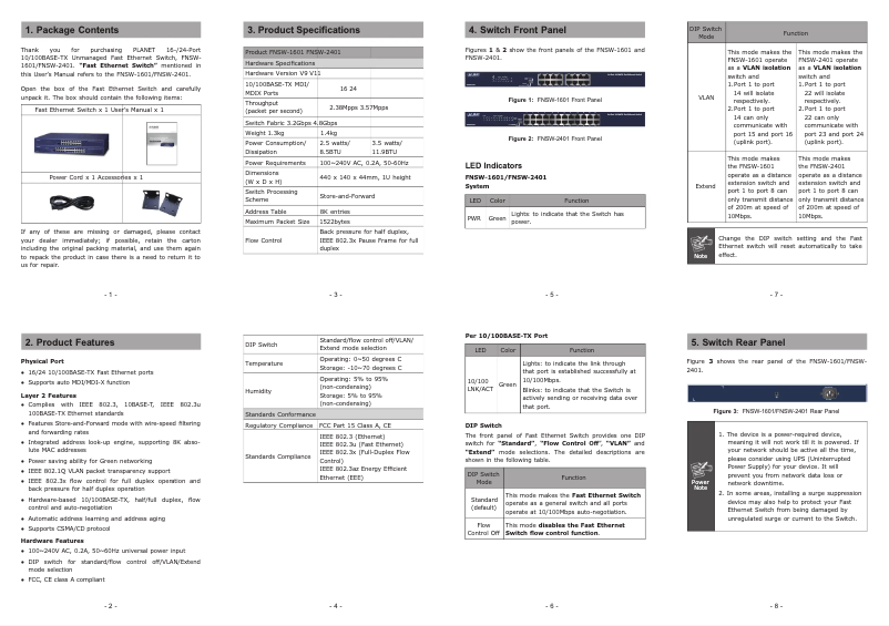 Page 1 de la notice Manuel utilisateur Planet FNSW-2401