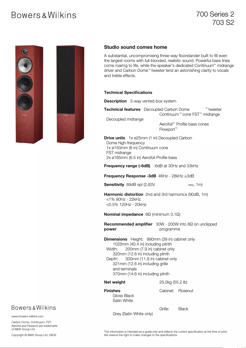 Página 1 del manual Ficha técnica Bowers & Wilkins 703 S2