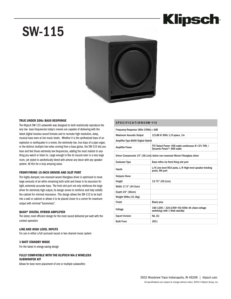 Página 1 del manual Ficha técnica Klipsch SW-115