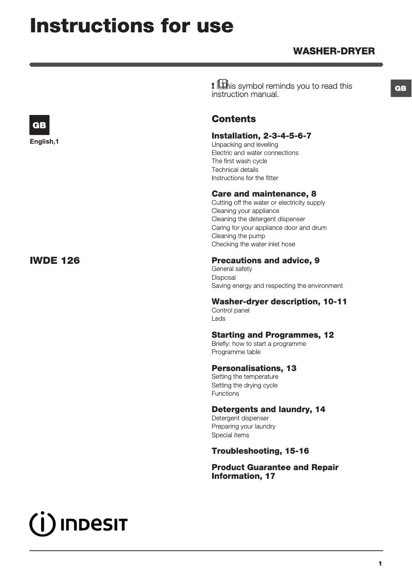 Page 1 de la notice Instructions / montage Indesit IWDE 126 (UK)