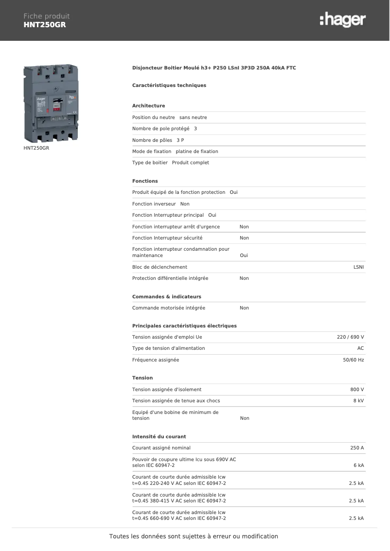 Page n°1 - Fiche technique Hager HNT250GR