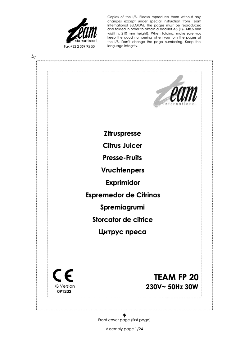 Image de la première page du manuel de l'appareil FP 20