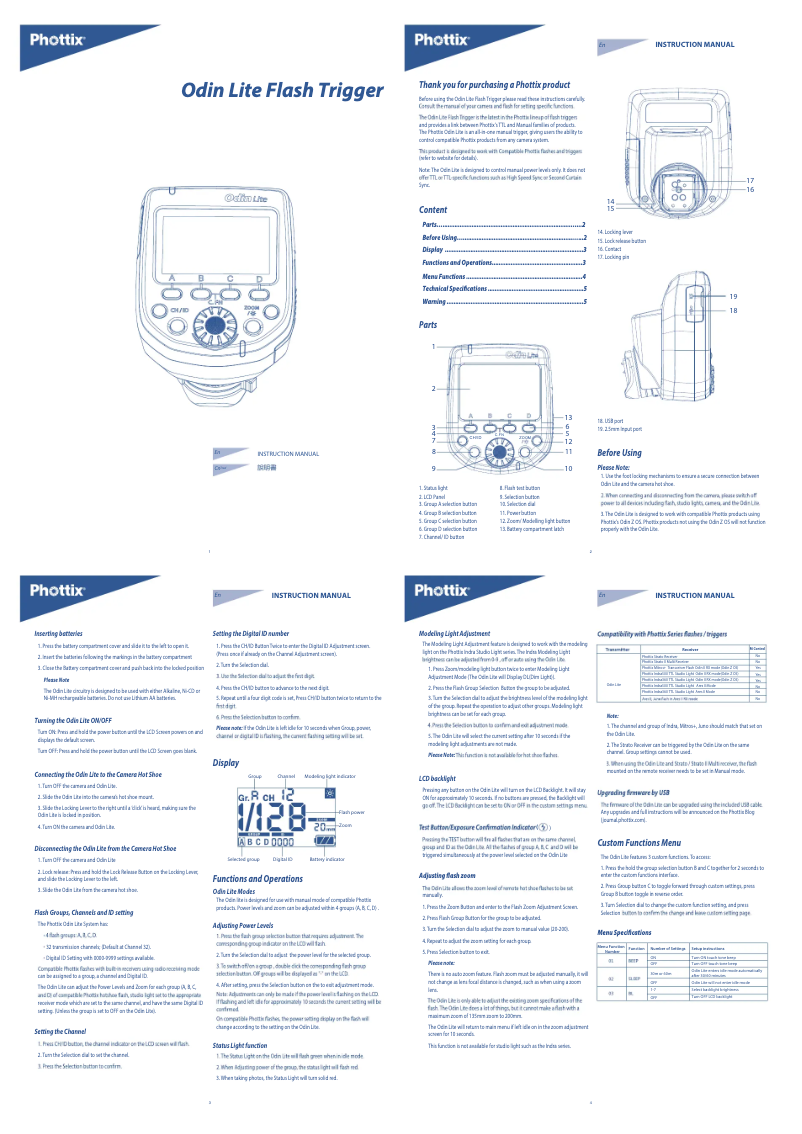 Page 1 de la notice Manuel utilisateur Phottix Odin Lite
