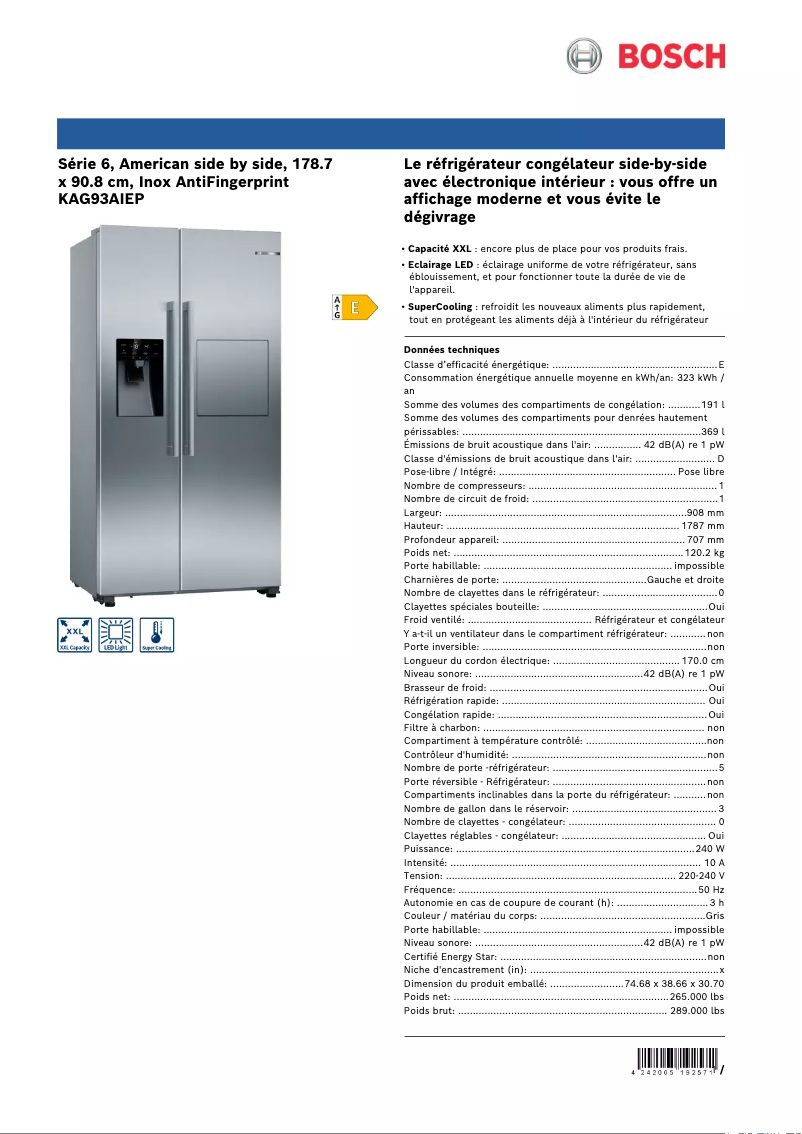 Page 1 de la notice Fiche technique Bosch KAG93AIEP