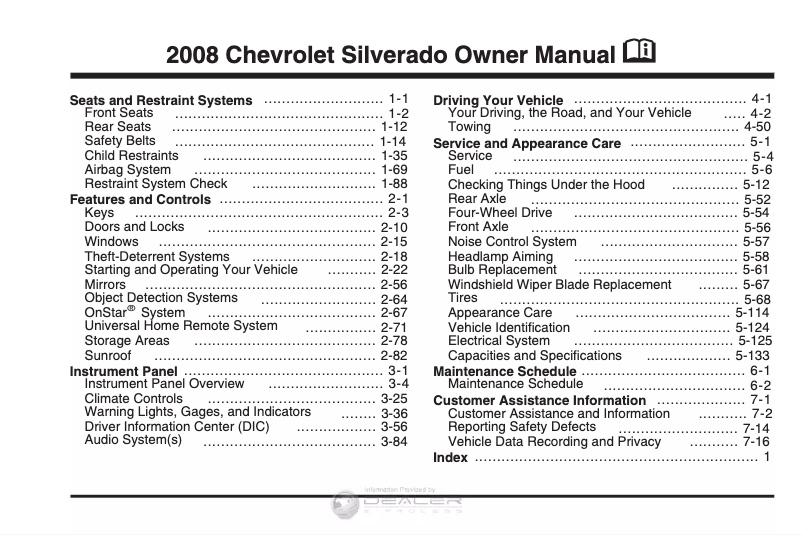 Image de la première page du manuel de l'appareil Silverado 1500 (2008)