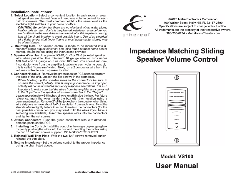 Page 1 de la notice Manuel utilisateur Metra ethereal VS100