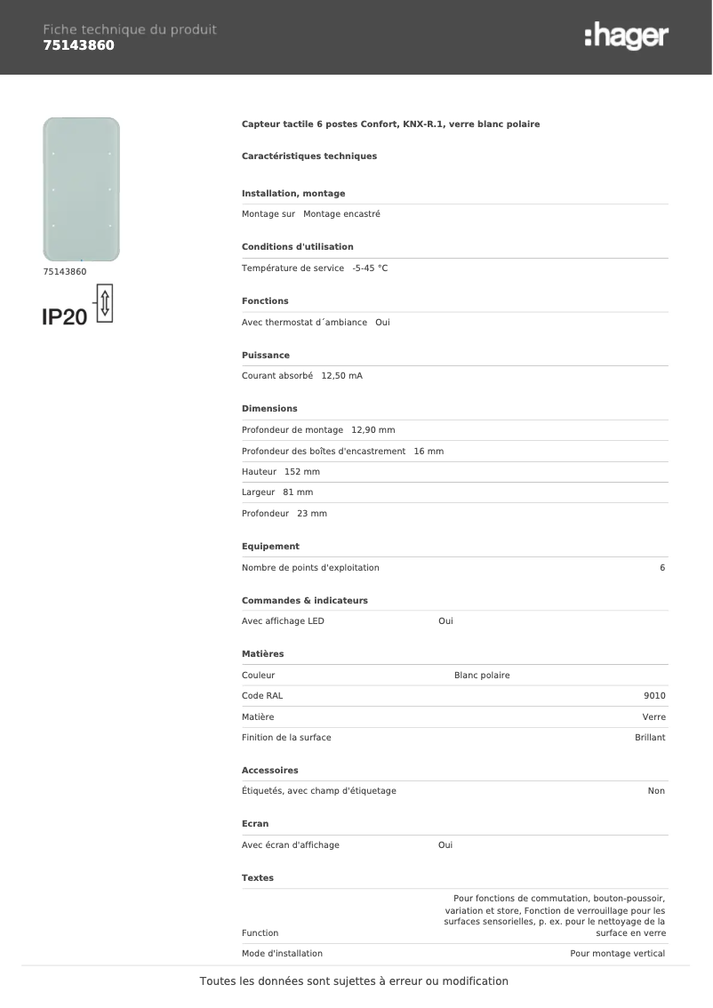 Page 1 de la notice Fiche technique Hager 75143860