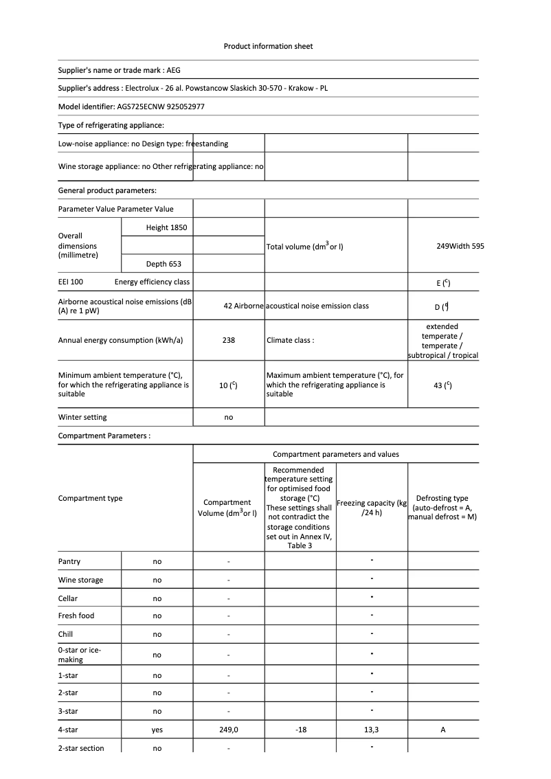 Page 1 de la notice Fiche technique AEG AGS725ECNW