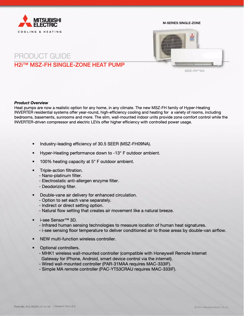Page 1 de la notice Fiche technique Mitsubishi MSZ-FH12NA