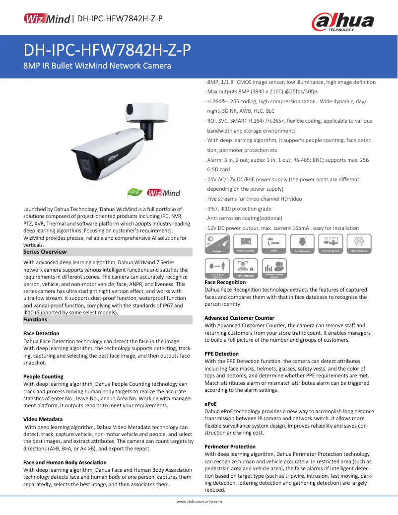 Page 1 de la notice Fiche technique Dahua Technology IPC-HFW7842H-Z-P
