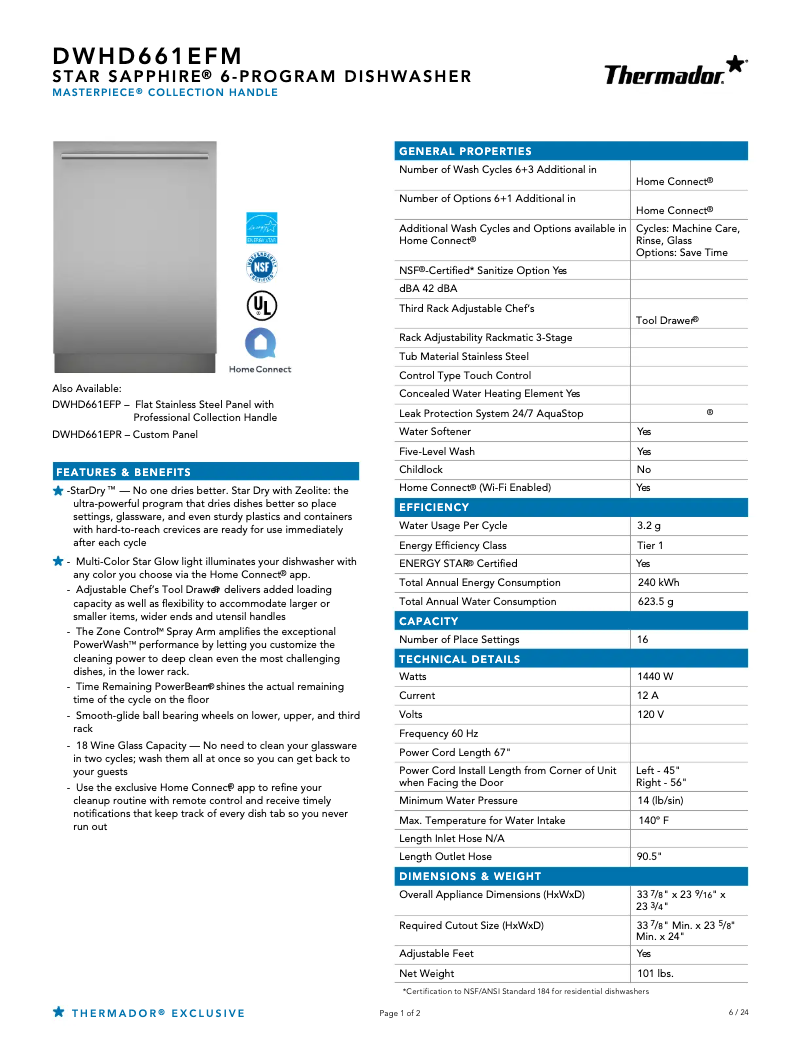 Page n°1 - Fiche technique Thermador DWHD661EFM
