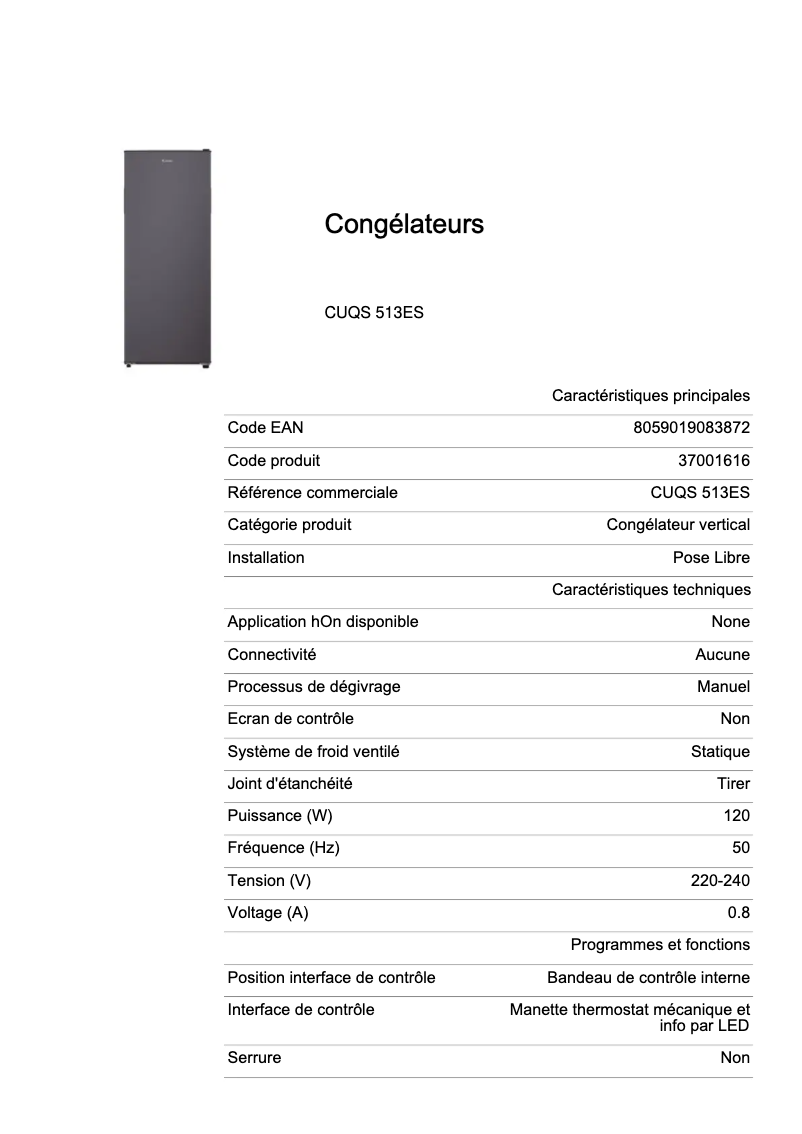 Page n°1 - Fiche technique Candy CUQS 513ES