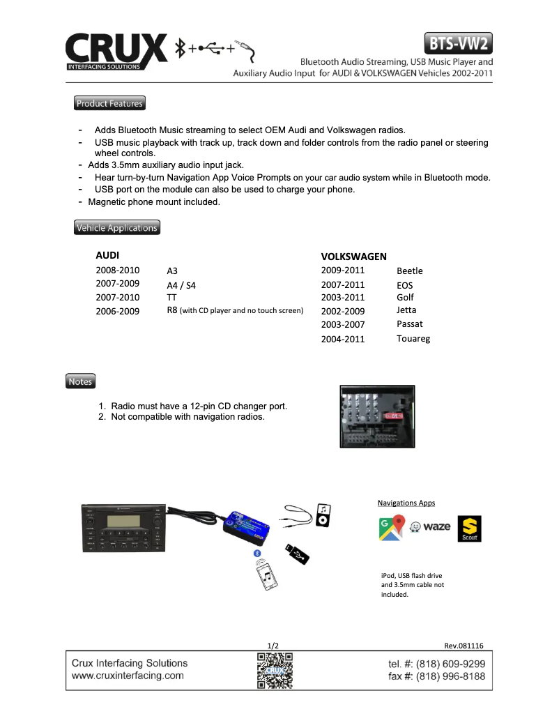 Page 1 de la notice Manuel utilisateur CRUX BTS-VW2