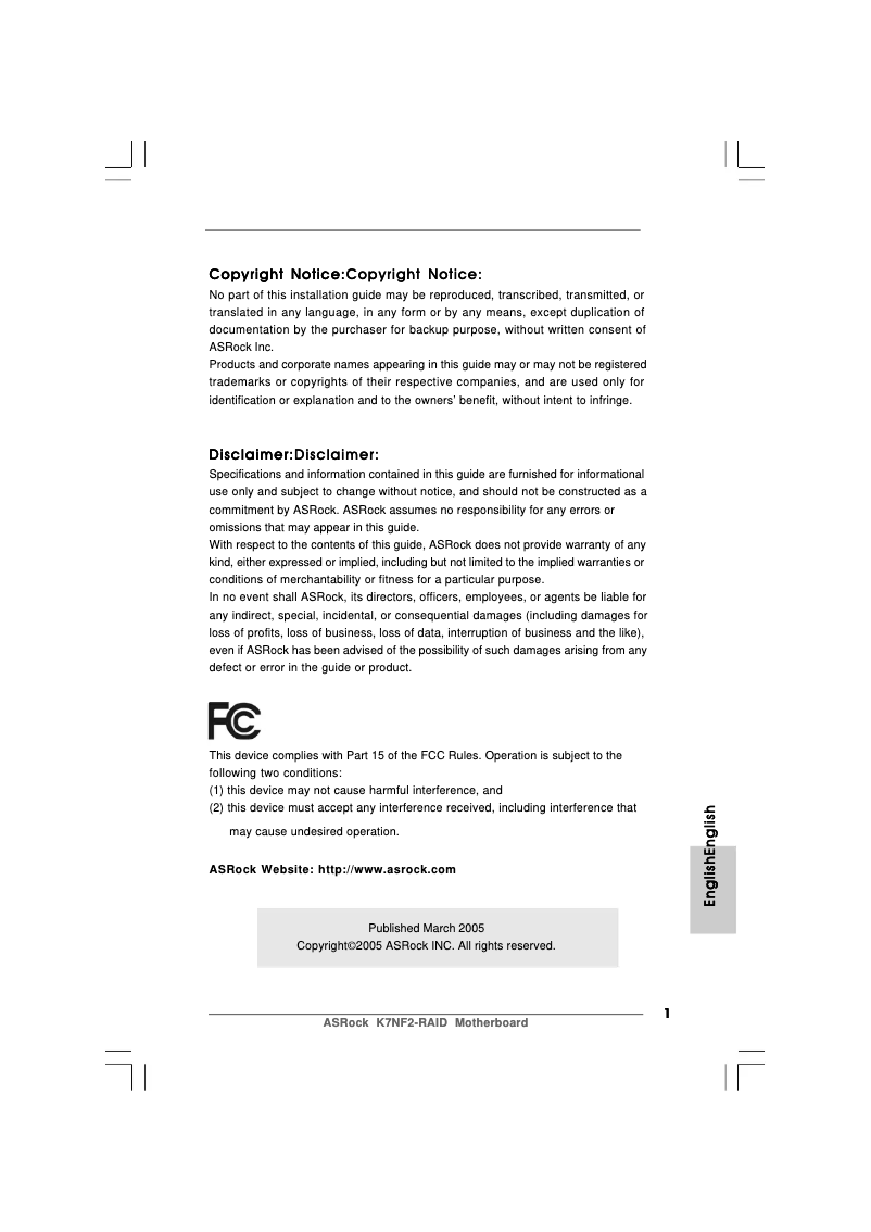 Page n°1 - Manuel utilisateur Asrock K7NF2-RAID