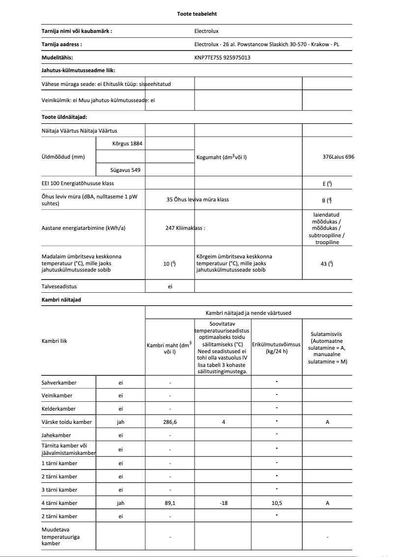 Page 1 de la notice Fiche technique Electrolux KNP7TE75S