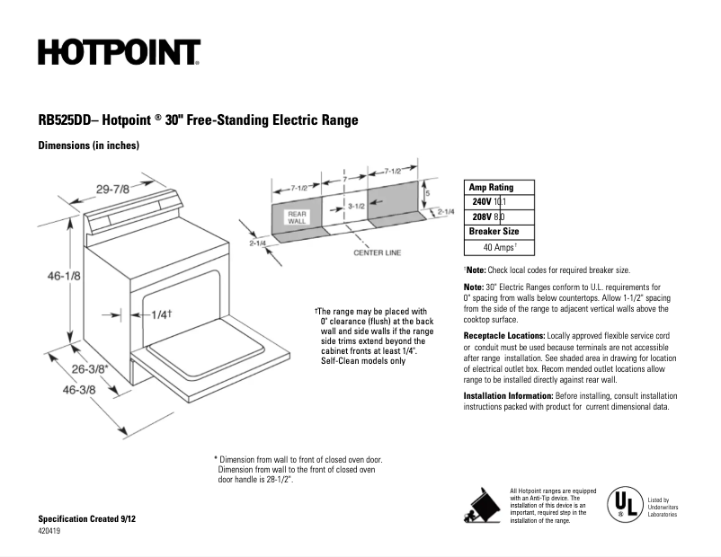 Page 1 de la notice Fiche technique Hotpoint RB525DDWW