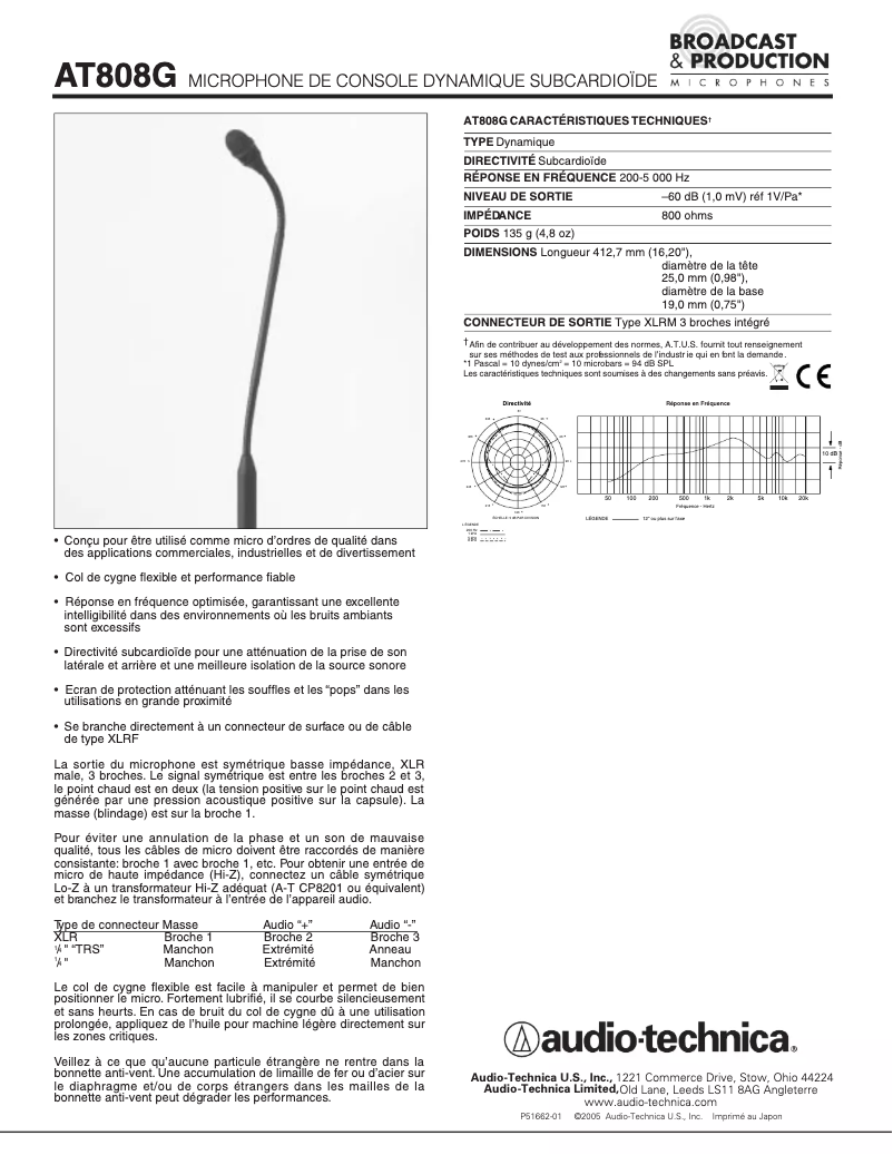 Page n°1 - Fiche technique Audio-Technica AT808G