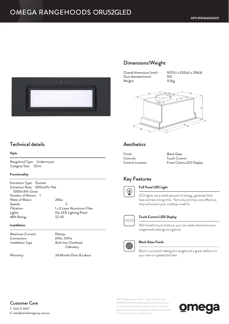 Page n°1 - Fiche technique Omega ORU52GLED