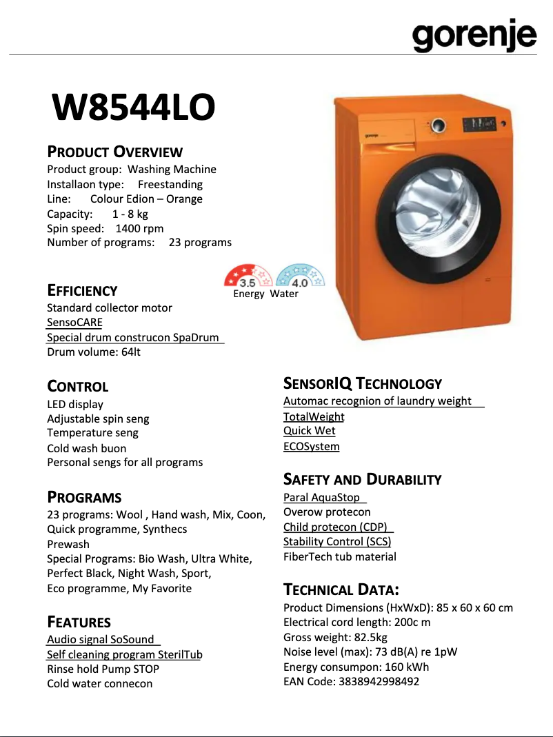 Page n°1 - Fiche technique Gorenje W8544LO