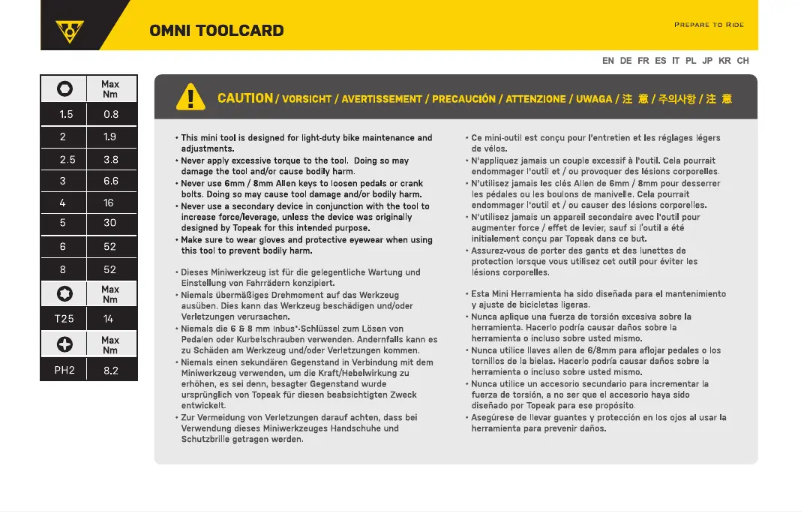 Page 1 de la notice Manuel utilisateur Topeak Omni Toolcard