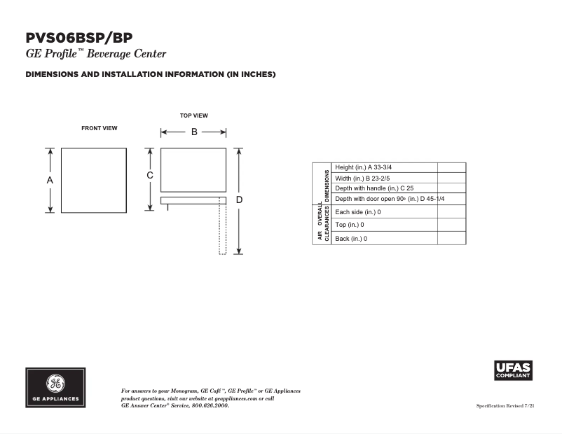 Page 1 de la notice Fiche technique GE Profile PVS06BSPSS